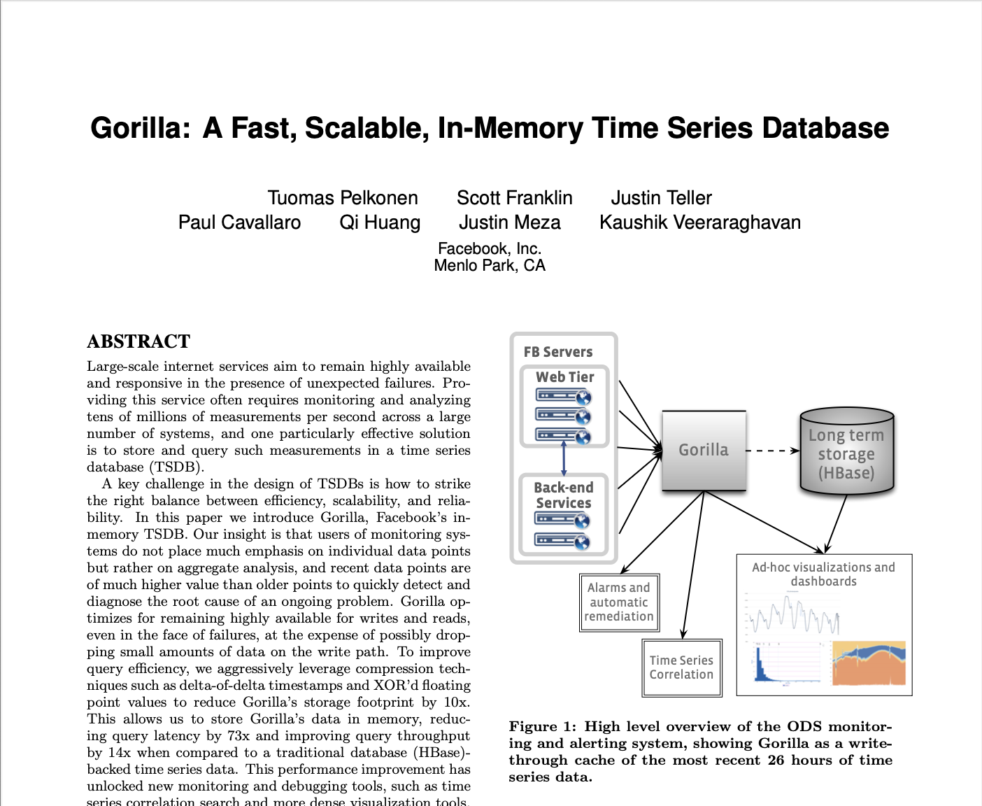 Gorilla: A Fast, Scalable, In-Memory Time Series Database